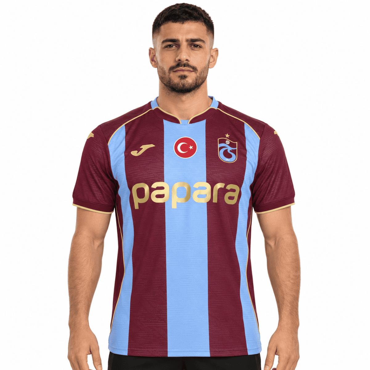 Trabzonspor home football jersey with maroon and light blue vertical stripes.