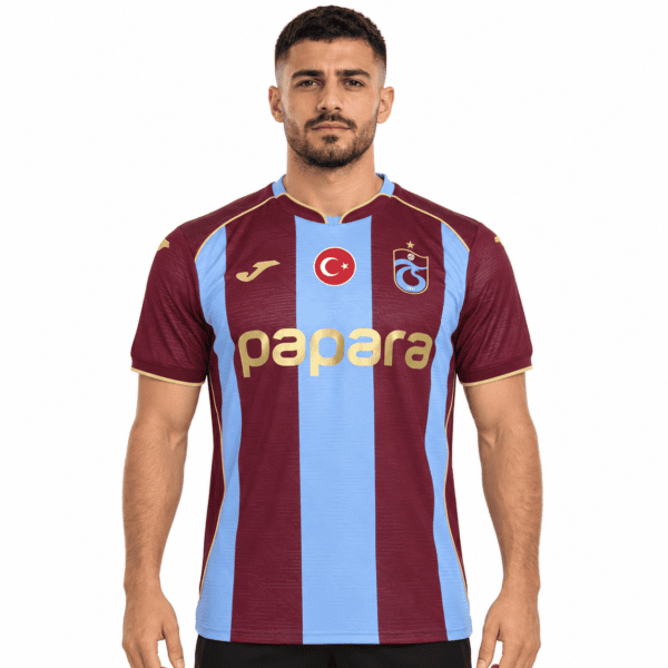 Trabzonspor home football jersey with maroon and light blue vertical stripes.