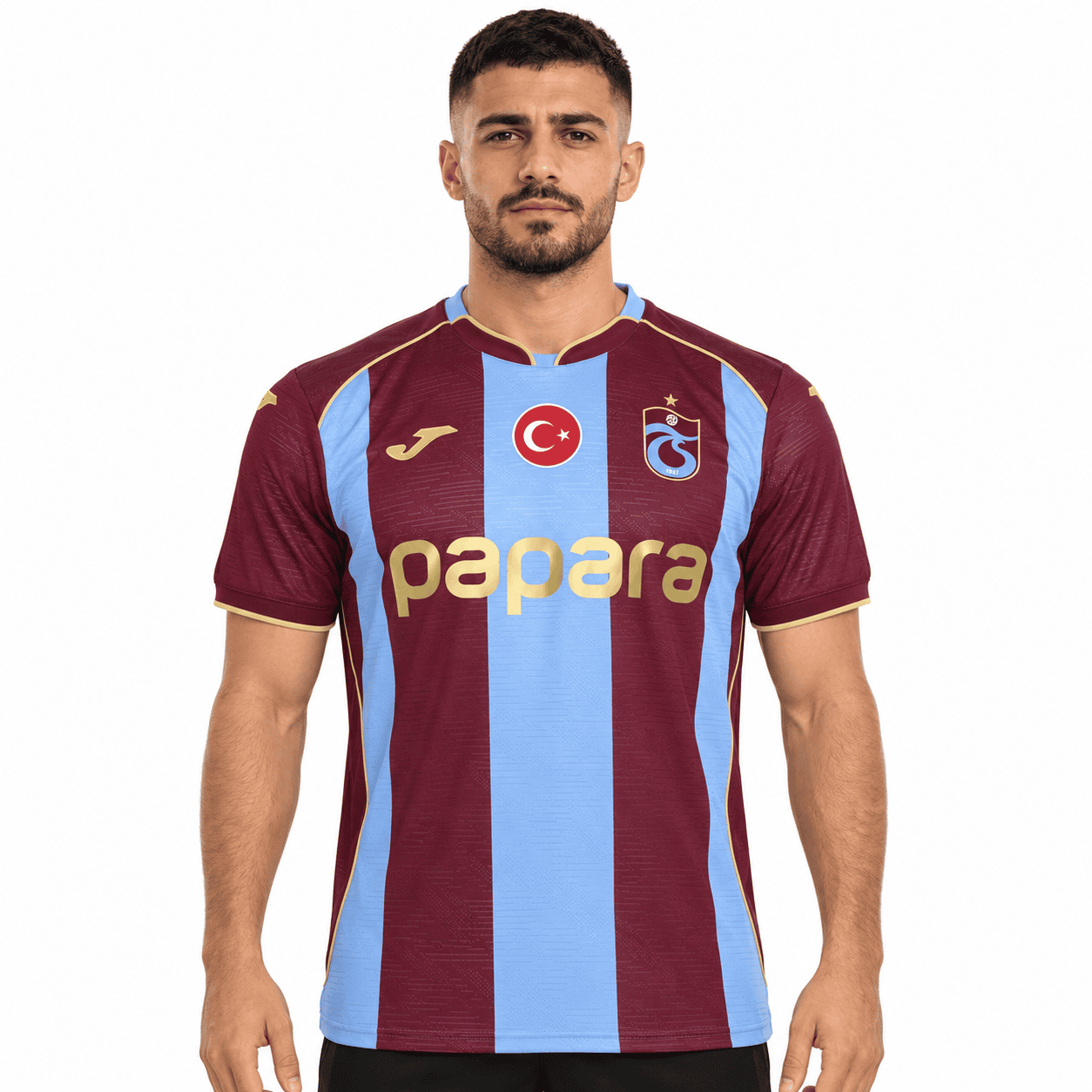 Trabzonspor home football jersey with maroon and light blue vertical stripes.