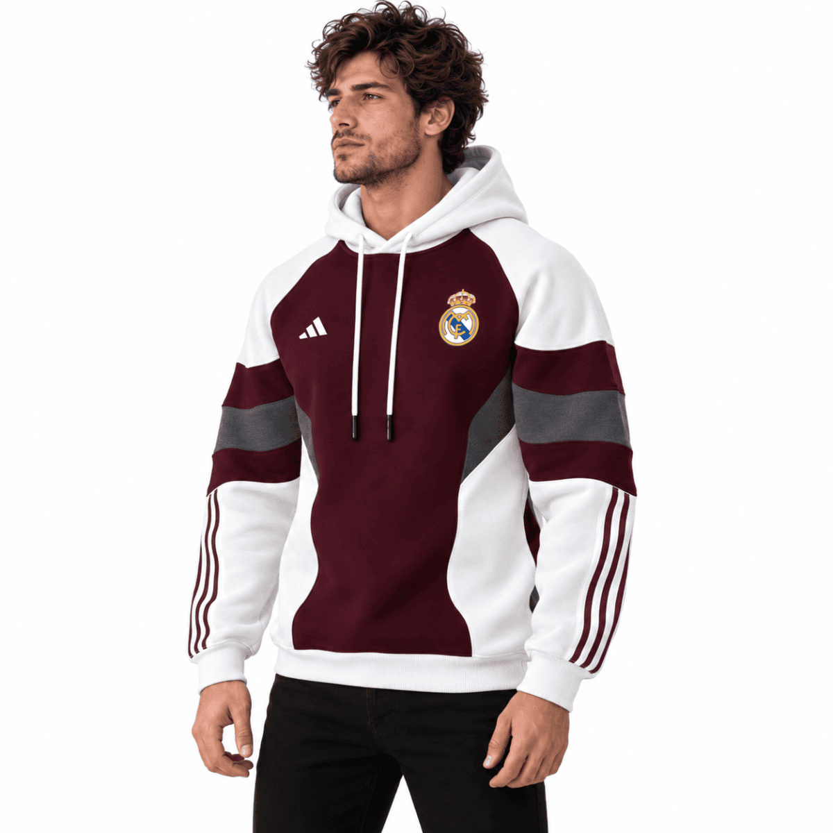 Real Madrid colour block hoodie in brown, cream, maroon, and grey.