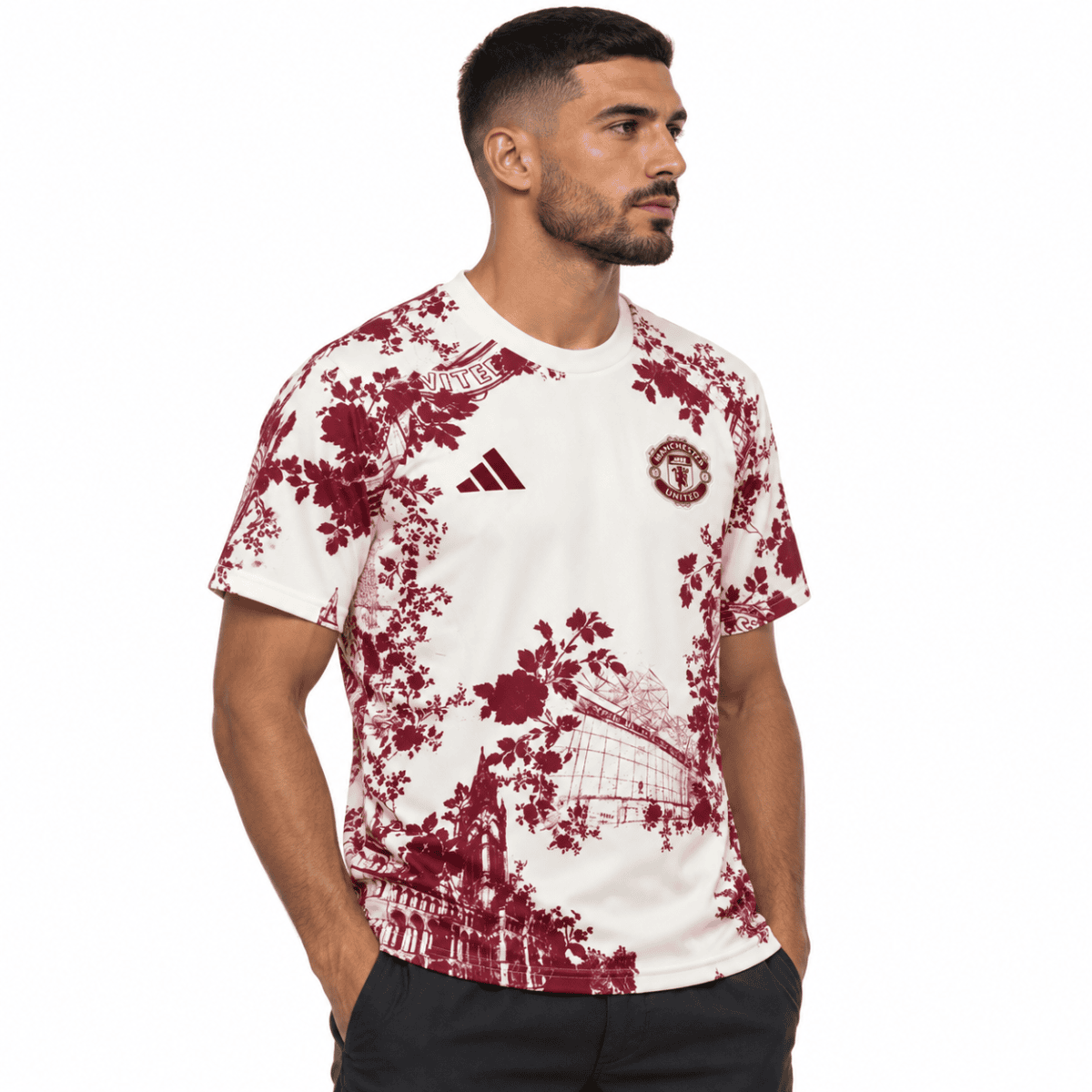 Manchester United special edition pre-match jersey 2026/27 with red floral pattern on white.