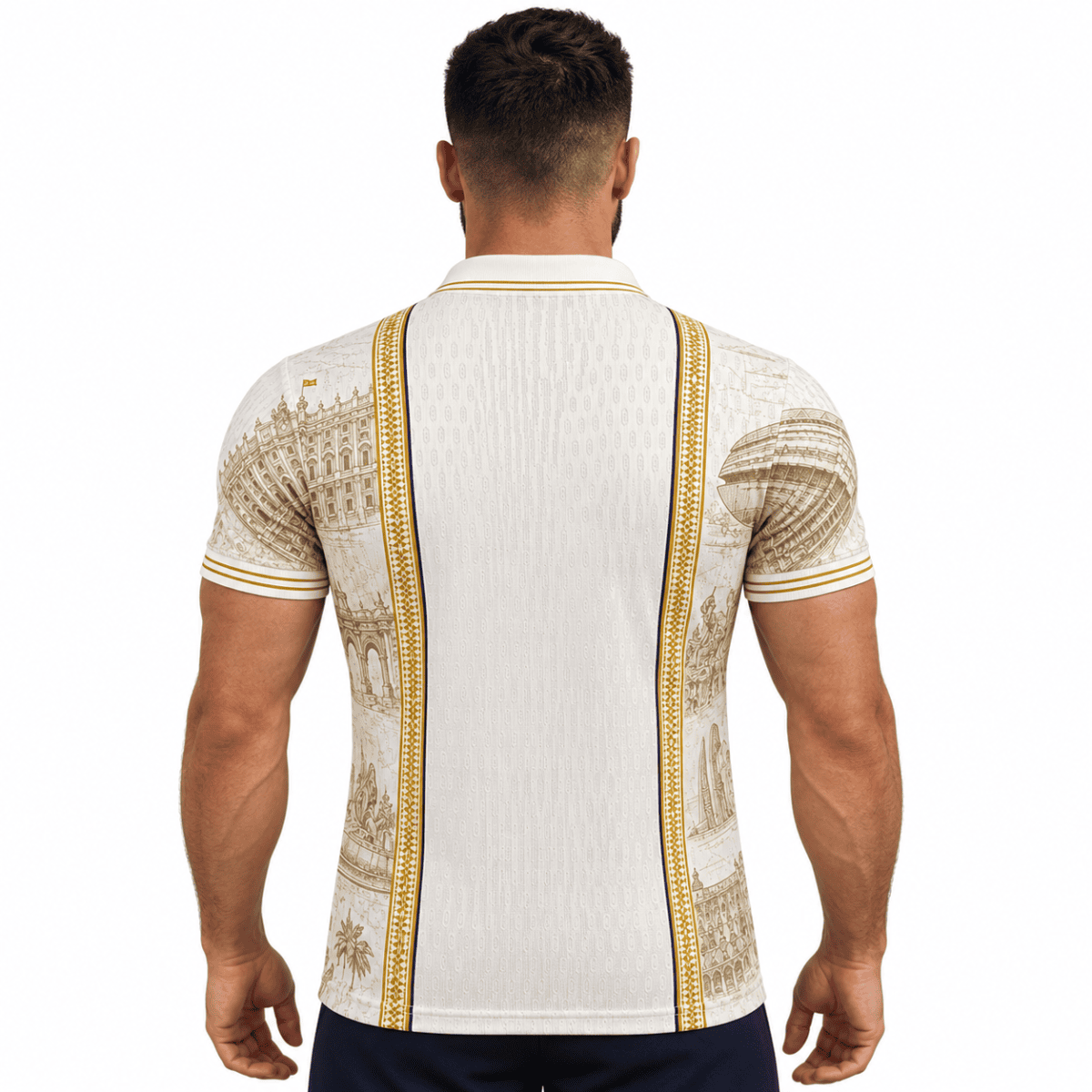 Real Madrid special edition polo jersey with gold accents, back view.