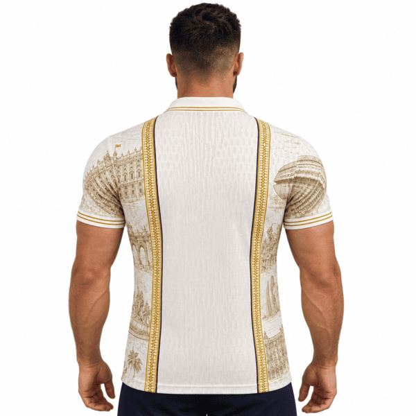 Real Madrid special edition polo jersey with gold accents, back view.