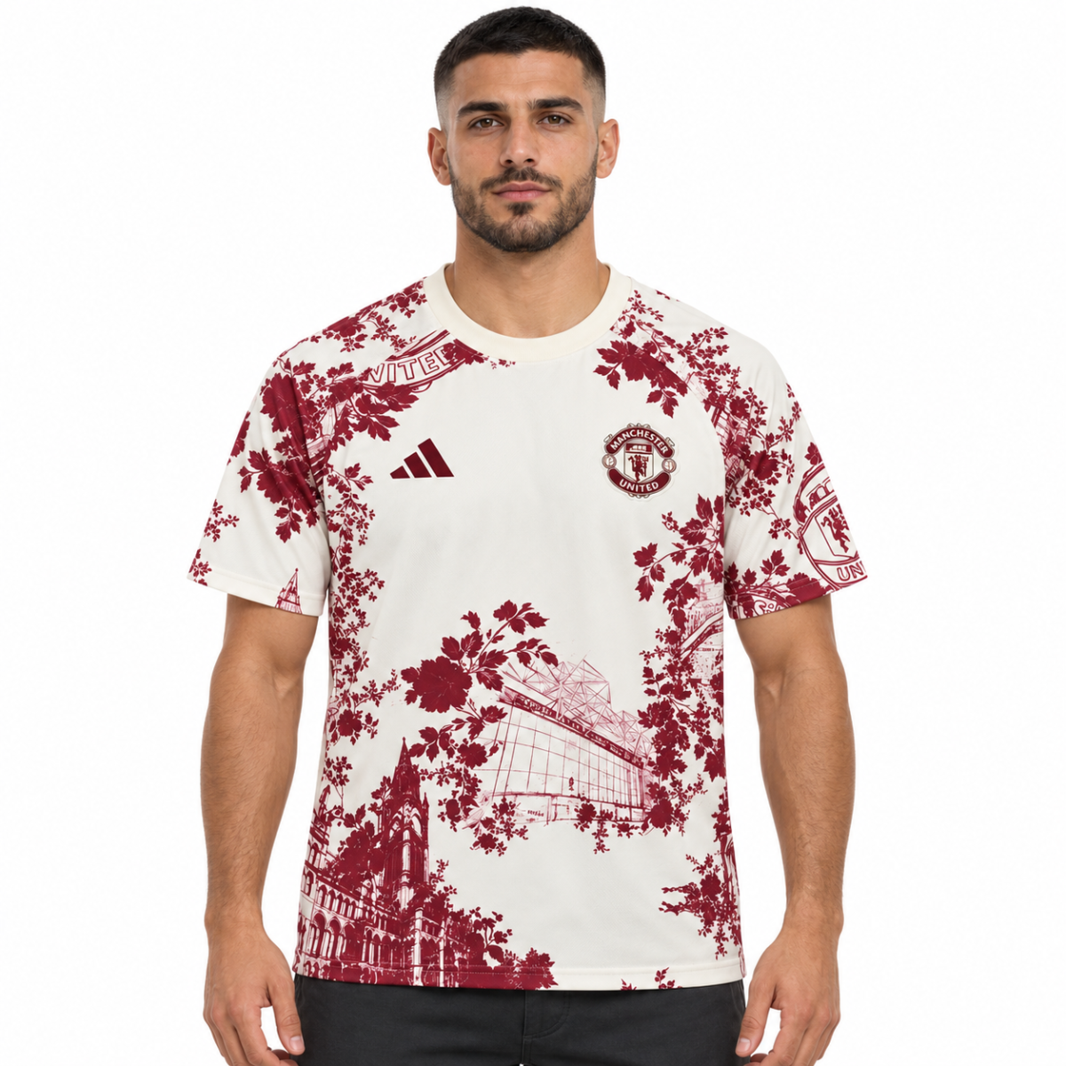 Manchester United special edition pre-match jersey 2026/27 with red floral pattern.