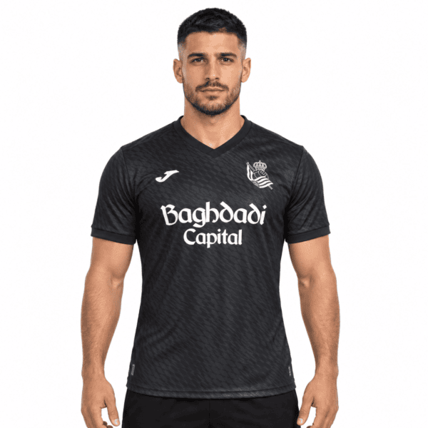 Black football jersey with white logo and sponsor, short sleeves, men's fit.