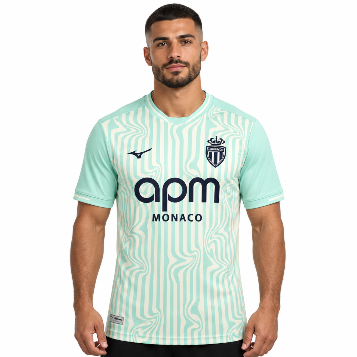 AS Monaco third jersey 2026/27 with mint green and white pattern, club crest, and sponsor logo.