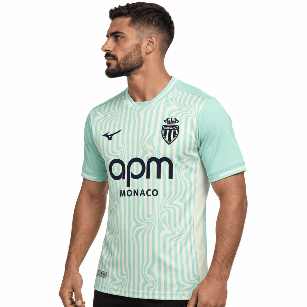 AS Monaco third jersey 2026/27 with light blue and white pattern, club crest, and sponsor logo.