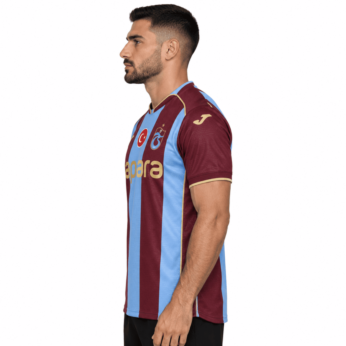 Trabzonspor home football jersey with maroon and light blue vertical stripes.