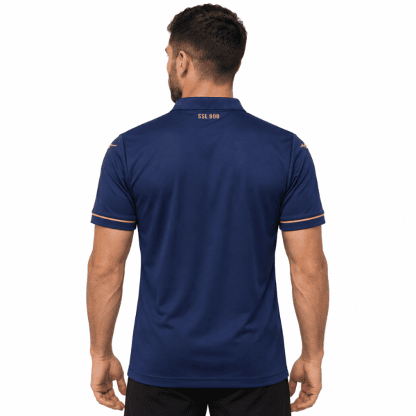Back view of a blue Lazio third football jersey with gold accents.