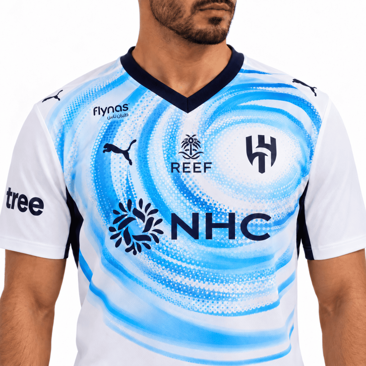 Al Hilal away jersey 2026/27 with blue and white design, club crest, Puma logo.