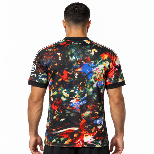 Colorful Bayern Munich Wiesn Oktoberfest jersey back view with abstract pattern.