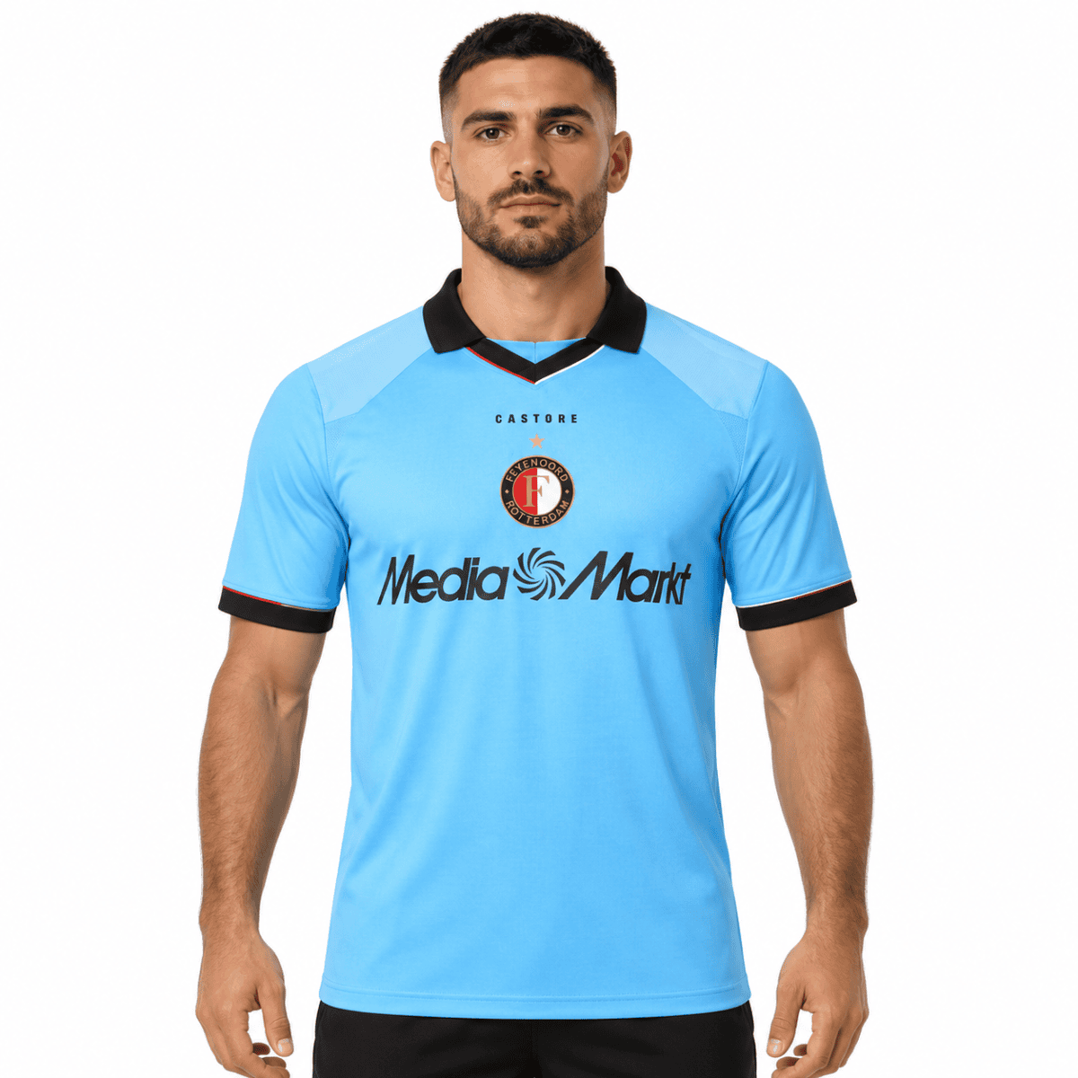 Feyenoord away football jersey 2026/27 in light blue with black collar and sleeve cuffs.