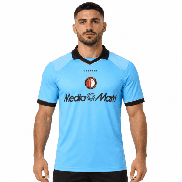 Feyenoord away football jersey 2026/27 in light blue with black collar and sleeve cuffs.