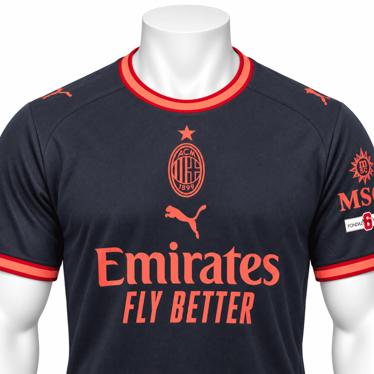 AC Milan third kit jersey 2026/27 with navy and red colors and sponsor logos.