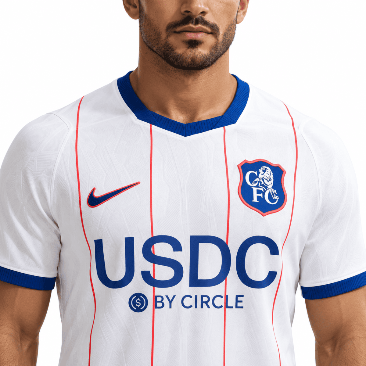 Chelsea third jersey 2026/27 with white and blue colors and club crest.