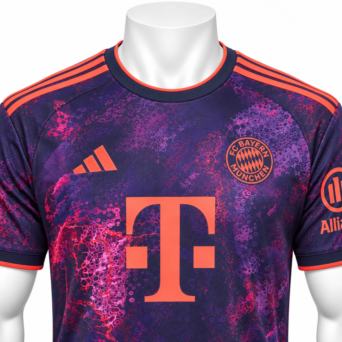 Bayern Munich third kit jersey 2026/27 with purple and pink design and club logo.