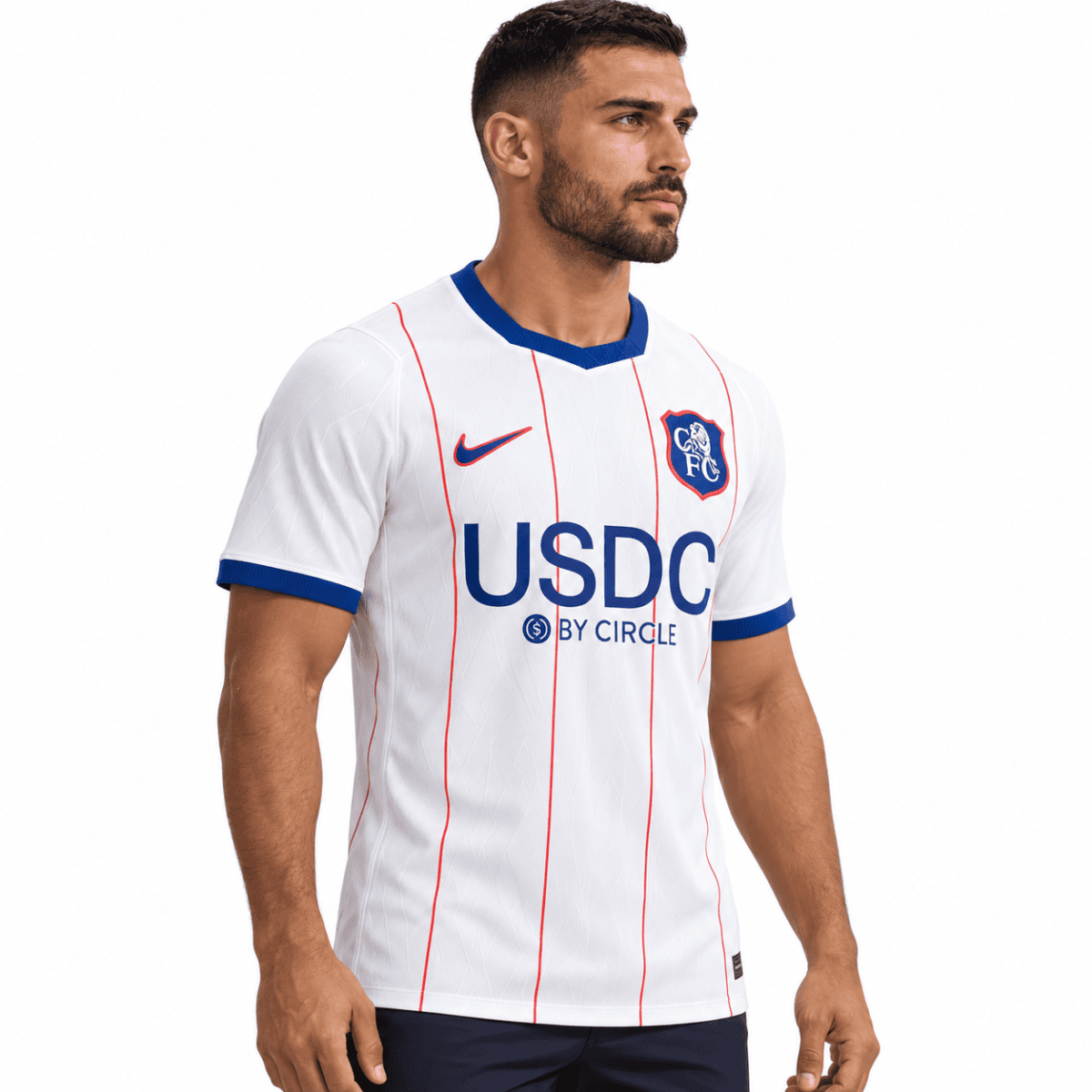Chelsea third jersey 2026/27 with white, blue, and red accents, club badge, and sponsor logo.