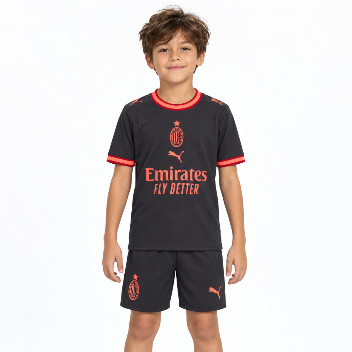 Kids AC Milan third kit 2026/27 black with red accents and club logo.