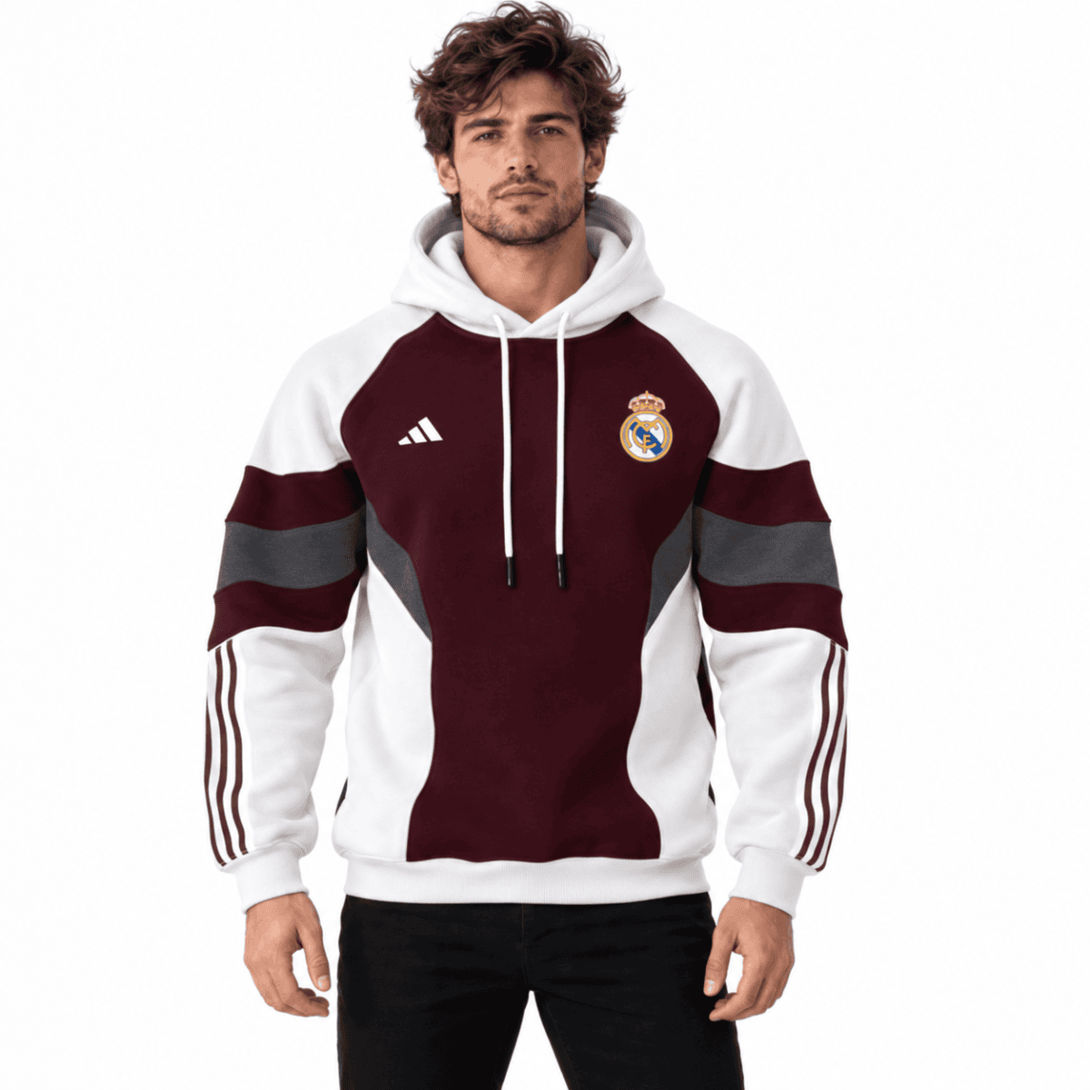 Real Madrid hoodie in brown, cream, maroon, and gray colors with club crest.