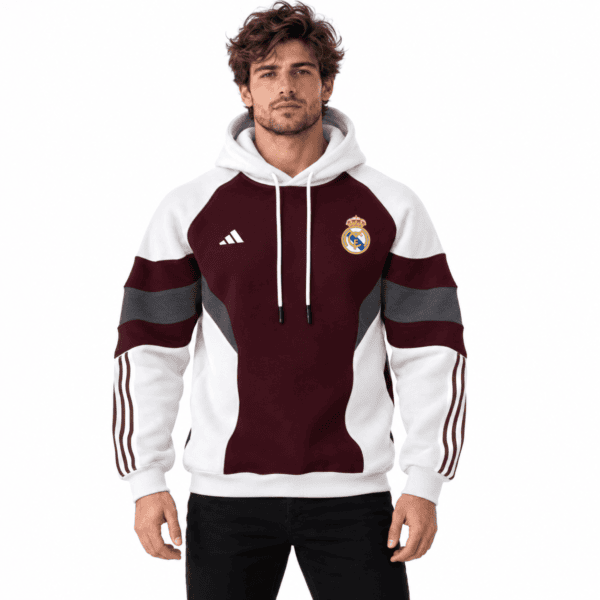 44e47da4-cf57-4347-8905-de02eae7c1c8 - UAE SPORT STORE Real Madrid hoodie in brown, cream, maroon, and gray colors with club crest.