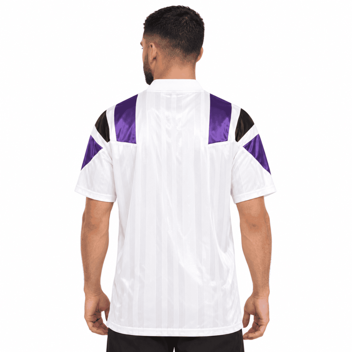 White football jersey with purple and black accents, back view.