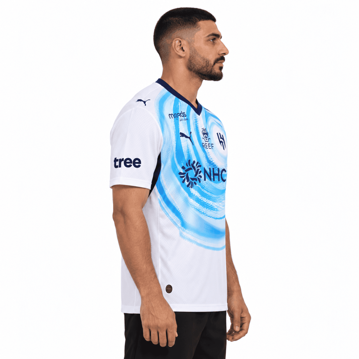Al Hilal away football jersey 2026/27 with blue and white design, side view.