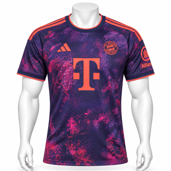 56ddbdd7-5f38-4e73-8a99-9b2ef82b03b2 - UAE SPORT STORE Bayern Munich third kit jersey 2026/27 with purple and pink design.