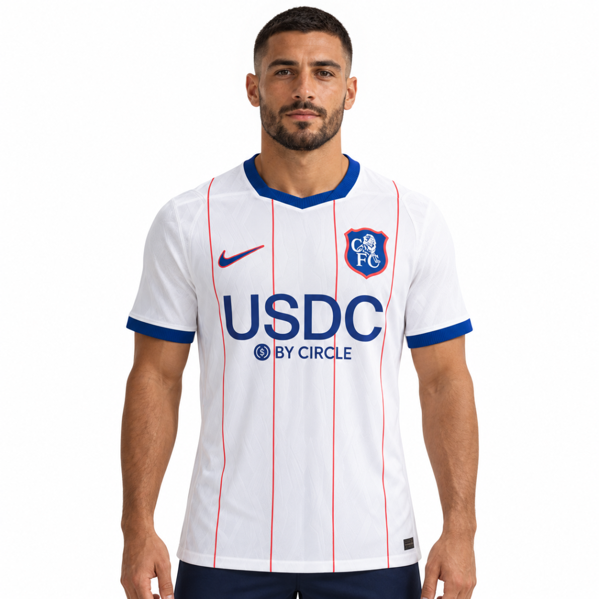 Chelsea third jersey 2026/27 with white base, red pinstripes, blue collar and sleeves.