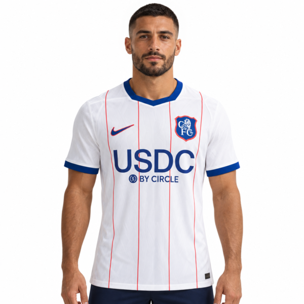 Chelsea third jersey 2026/27 with white base, red pinstripes, blue collar and sleeves.