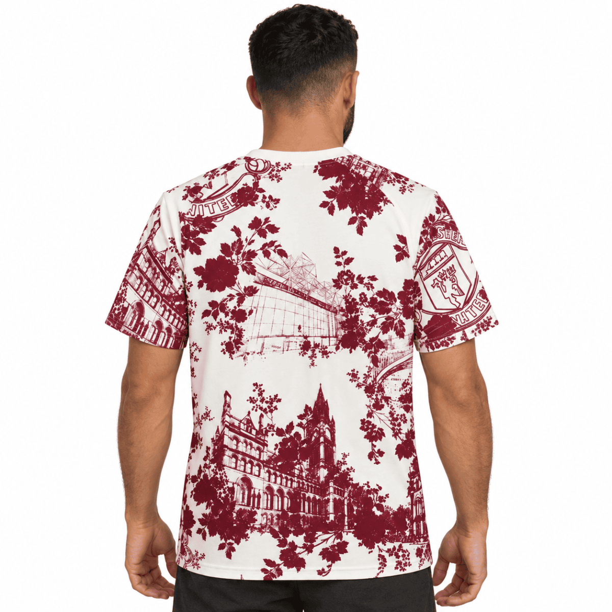 Manchester United special edition pre-match jersey with red and white floral pattern.