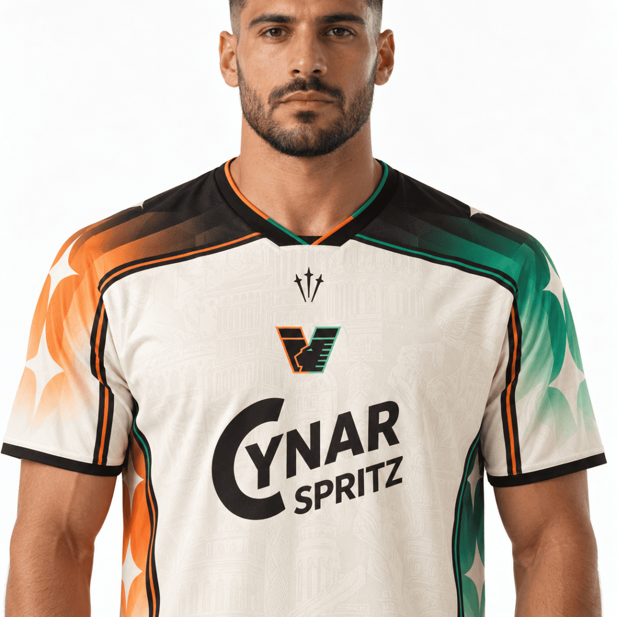 Venezia away football jersey 2026/27 with orange, green, and black accents.