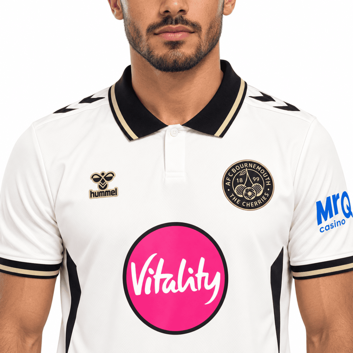 AFC Bournemouth third kit 2026/27, white with black and gold accents, worn by a male model.
