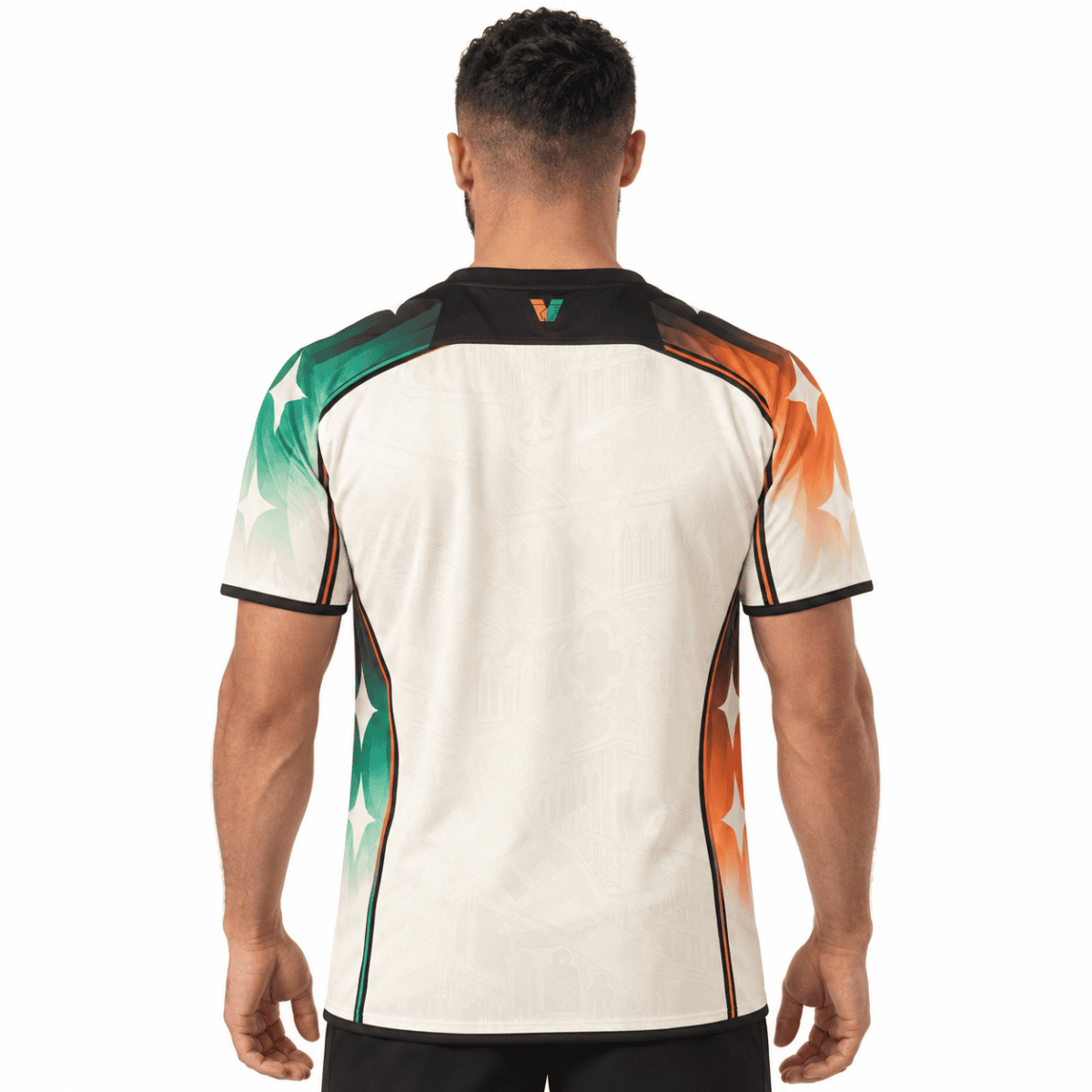 Venezia away football jersey with green, white, and orange accents, back view.