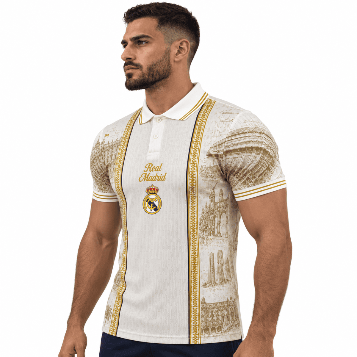 Real Madrid special edition polo jersey with gold and white design, season 2026/27.