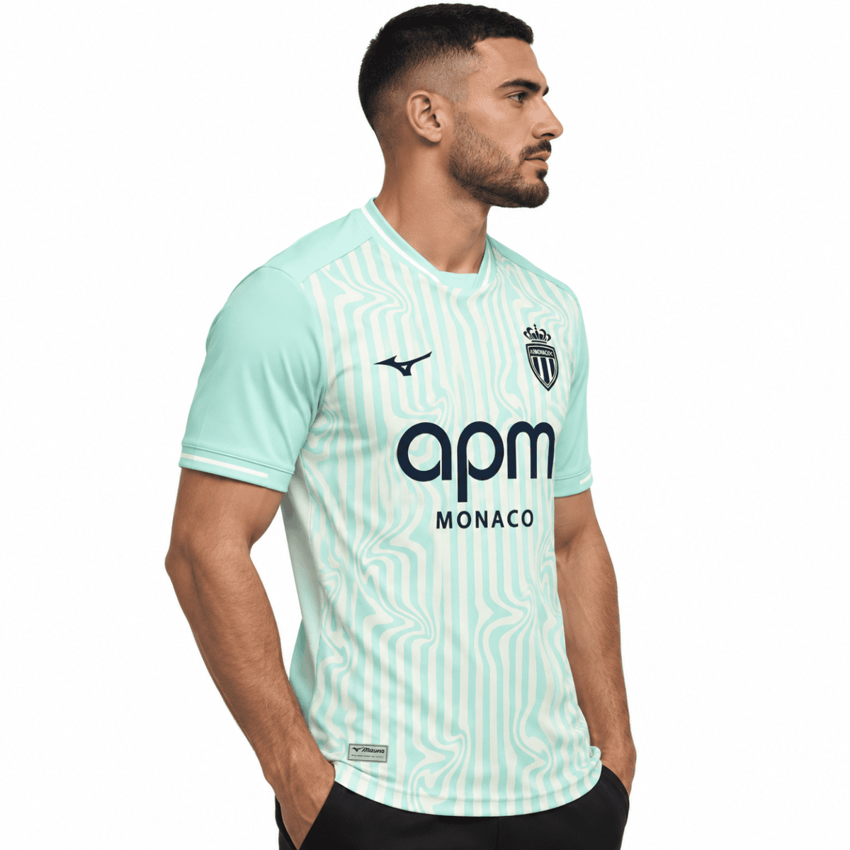AS Monaco third jersey 2026/27 with light blue and white pattern, club crest, and sponsor logo.