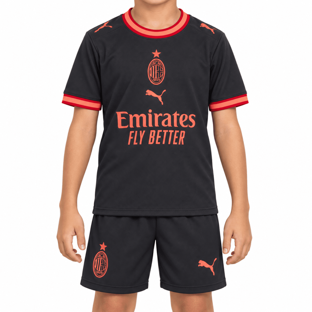 AC Milan third kit kids 2026/27 black and red football jersey and shorts.