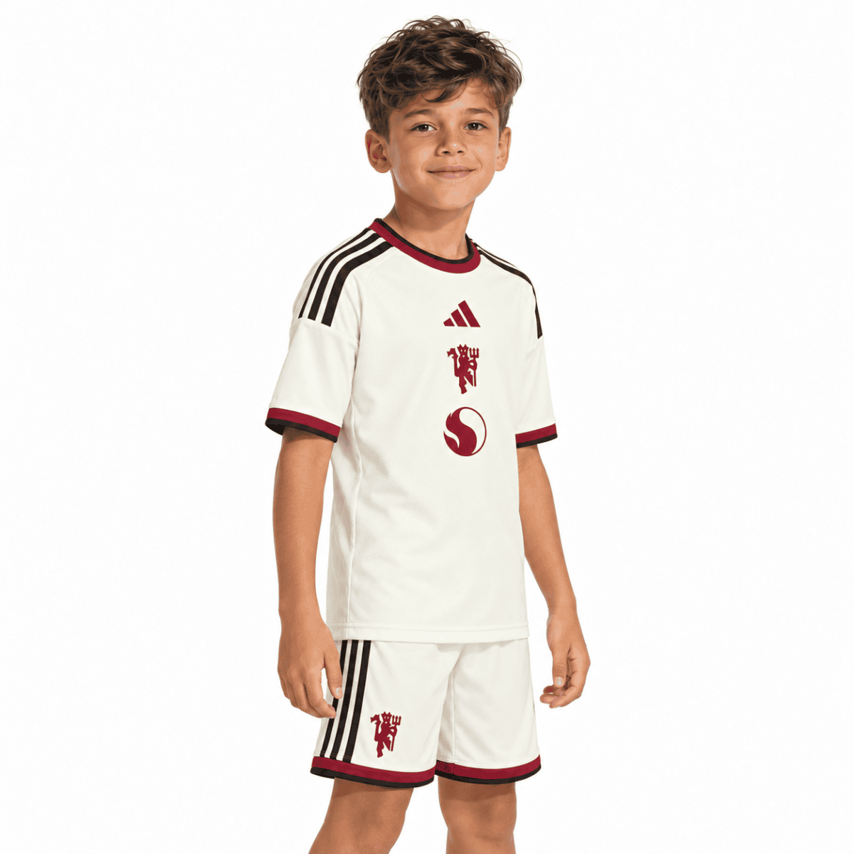 Kids Manchester United third kit 2026/27 in cream with black and red accents.