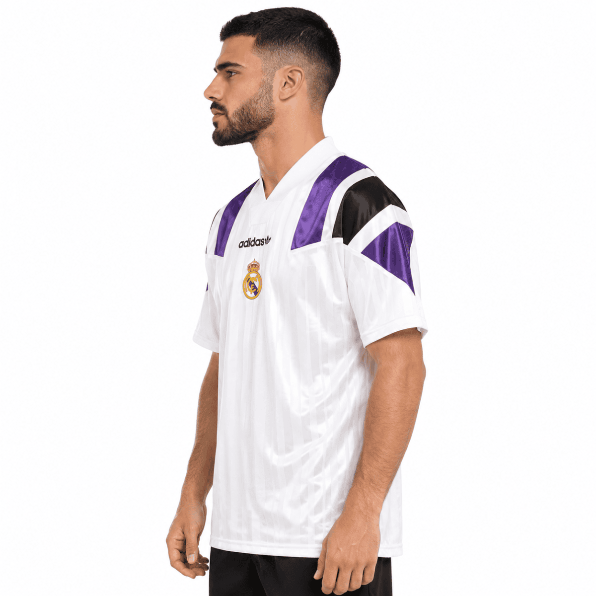 Real Madrid football jersey, white with purple and black accents, Adidas logo.