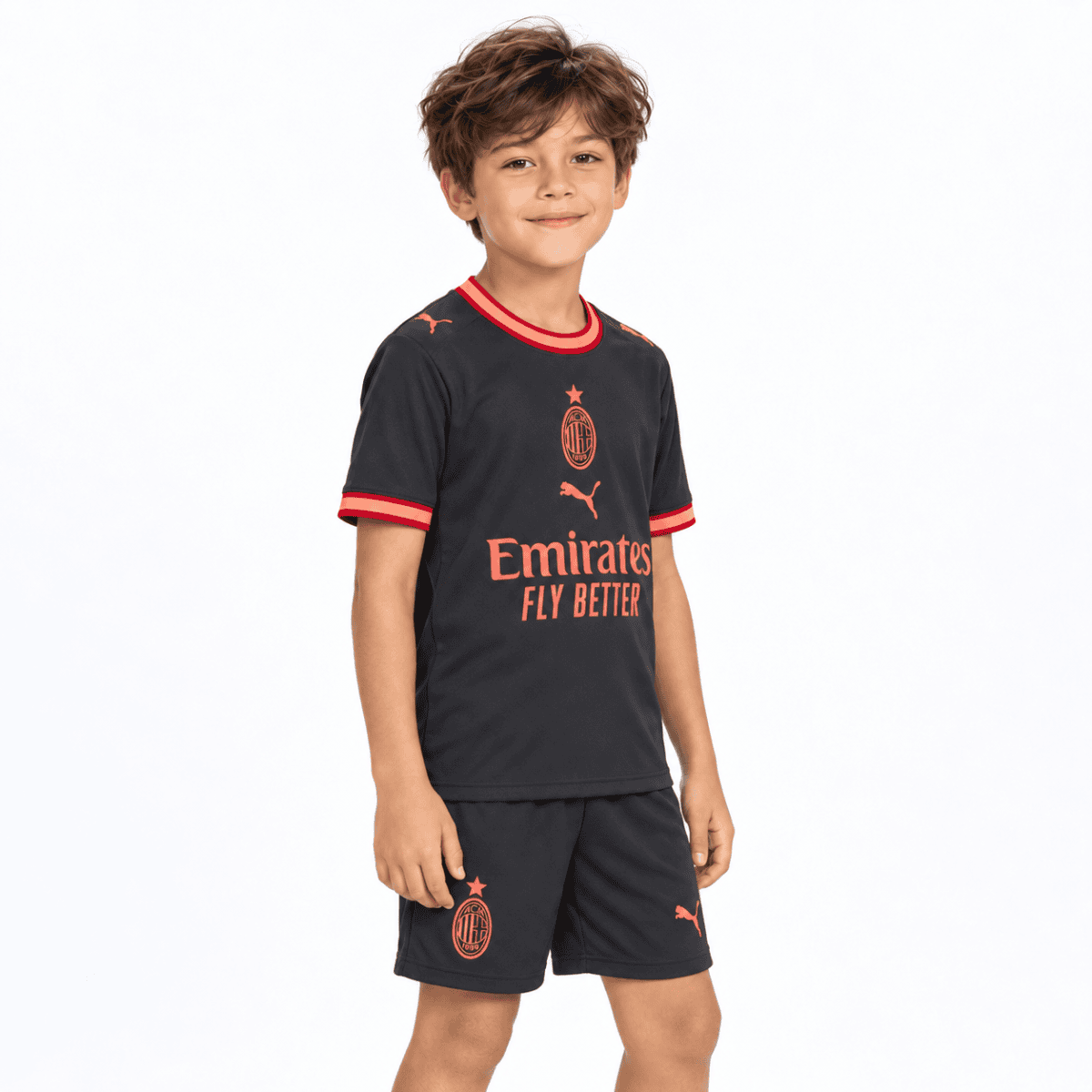 Child wearing AC Milan third kit 2026/27 in black with red accents.