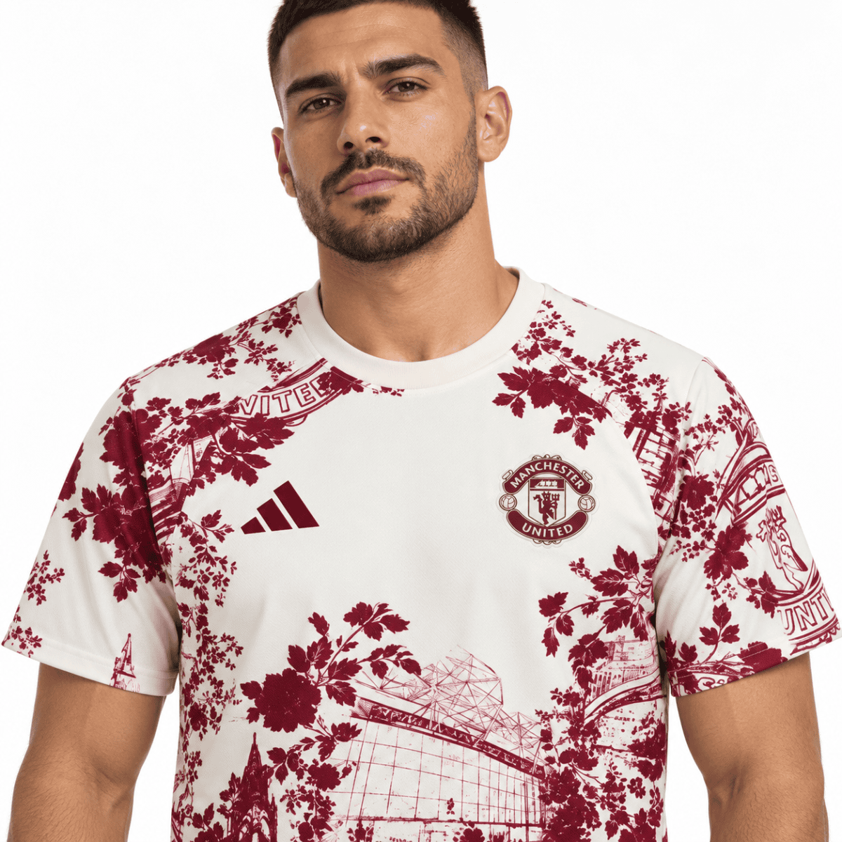 Manchester United special edition pre-match jersey 2026/27 with floral design in white and red.