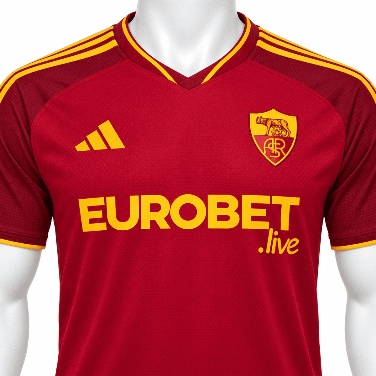 AS Roma home football jersey with red and yellow colors, club crest, and Eurobet logo.