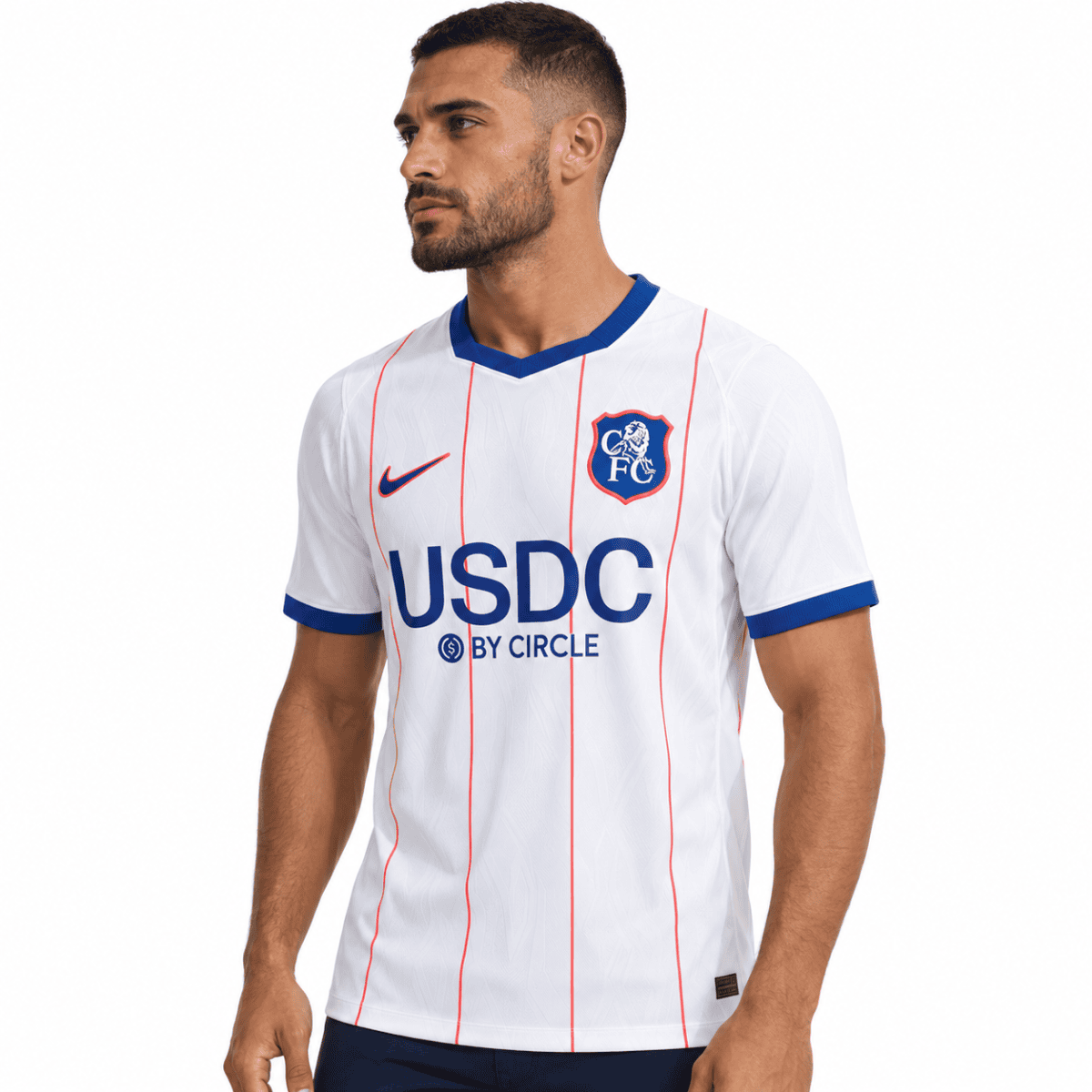 Chelsea third jersey 2026/27 with white and blue colors and red pinstripes.