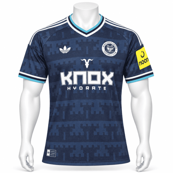Newcastle United away jersey 2026/27 with blue digital pattern, club crest, and sponsor logo.