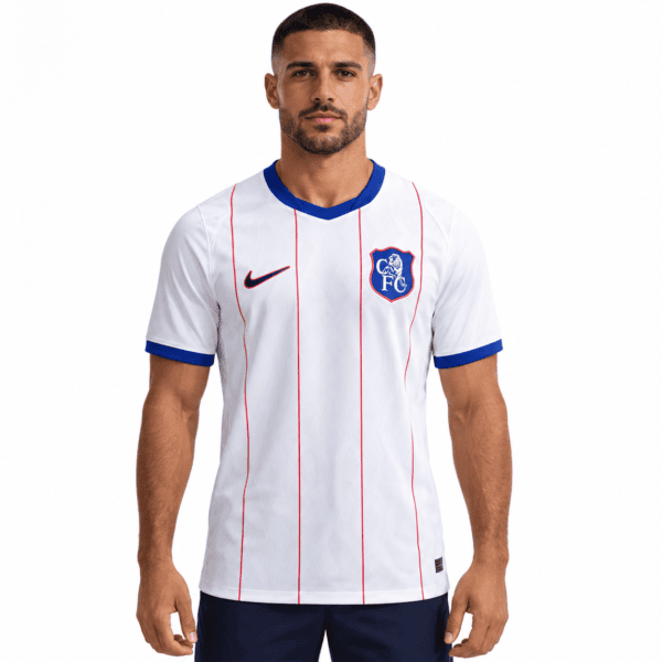 956014f6-ca94-444b-8ef7-f8f426299abf - UAE SPORT STORE Chelsea third jersey 2026/27, white with red and blue accents, worn by a male model.