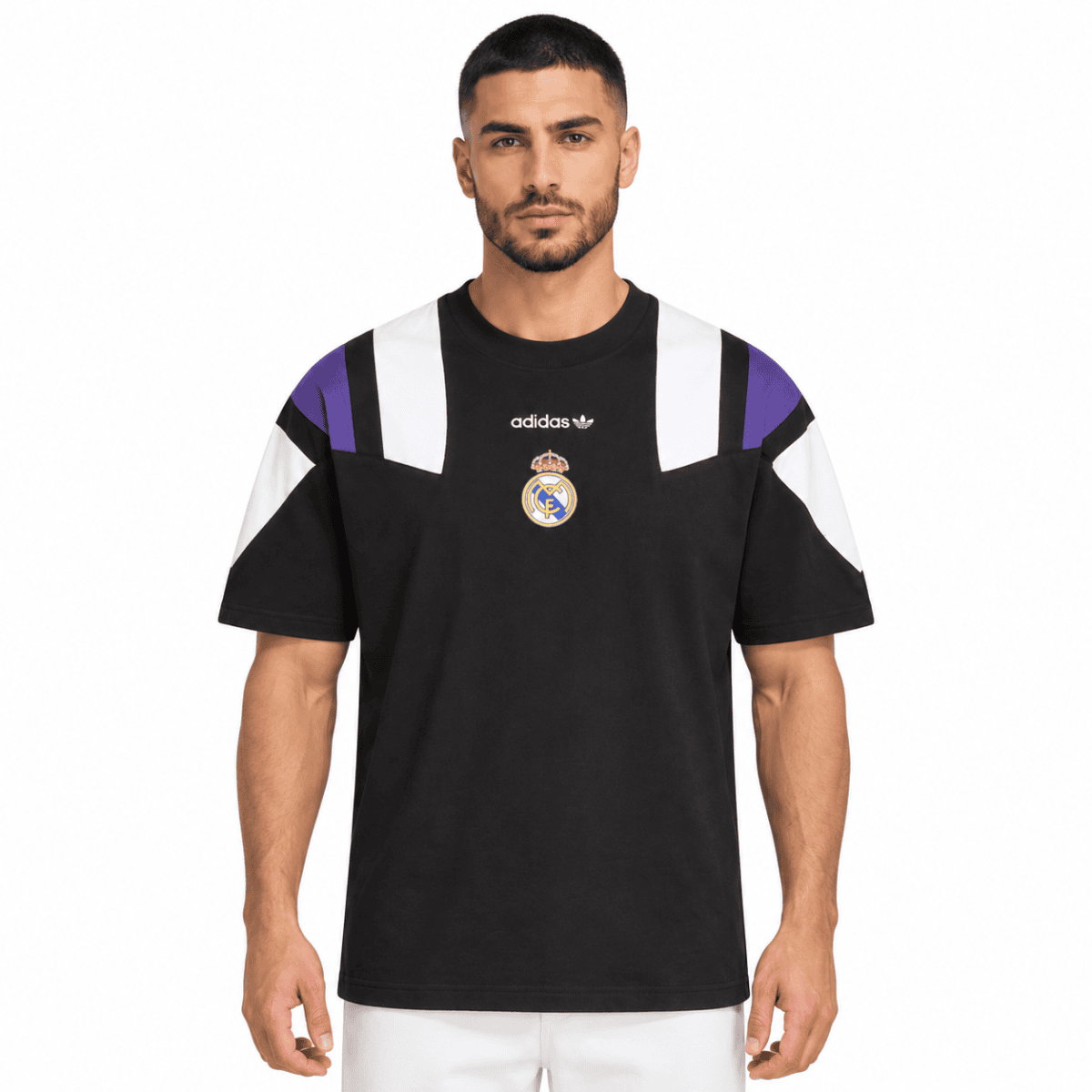 Real Madrid black football jersey with purple and white accents, Adidas logo, and club crest.