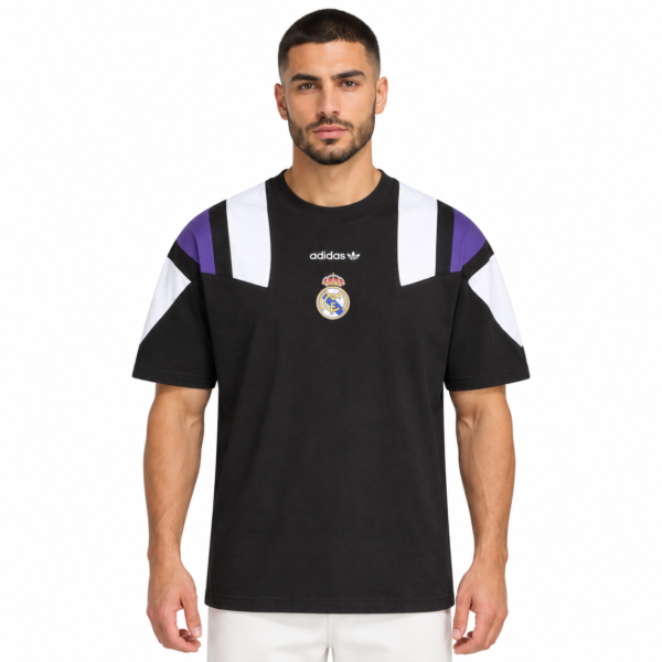 9cd9015c-e353-429c-8b83-0b2f4801b3ae - UAE SPORT STORE Real Madrid black football jersey with purple and white accents, Adidas logo, and club crest.