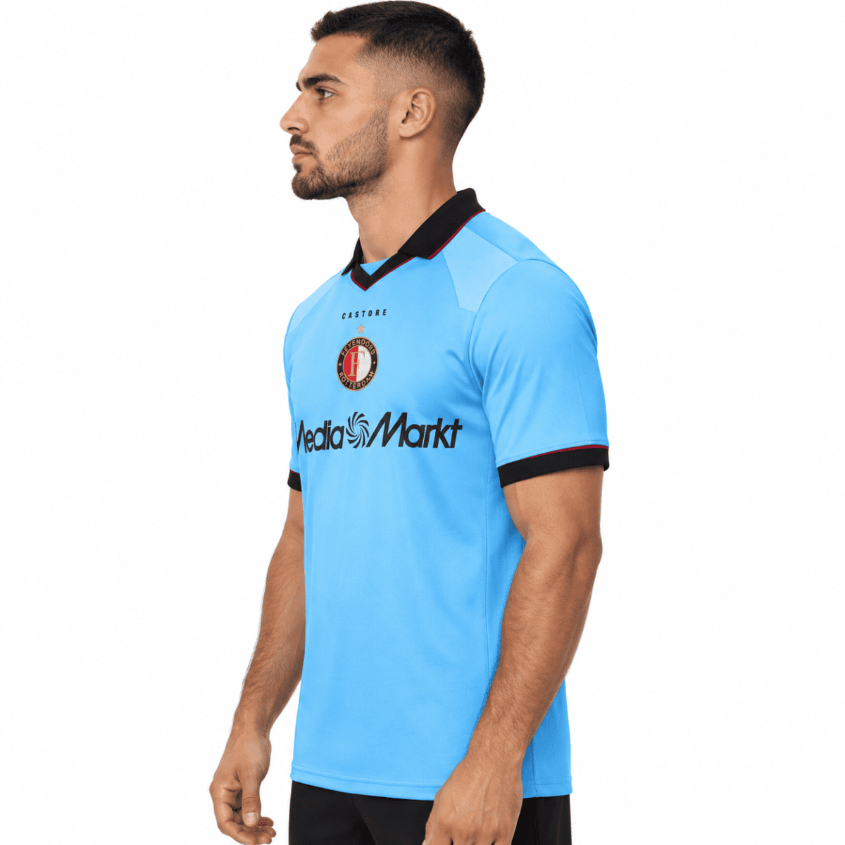 Feyenoord away football jersey 2026/27 in light blue with black collar and sleeve trim.