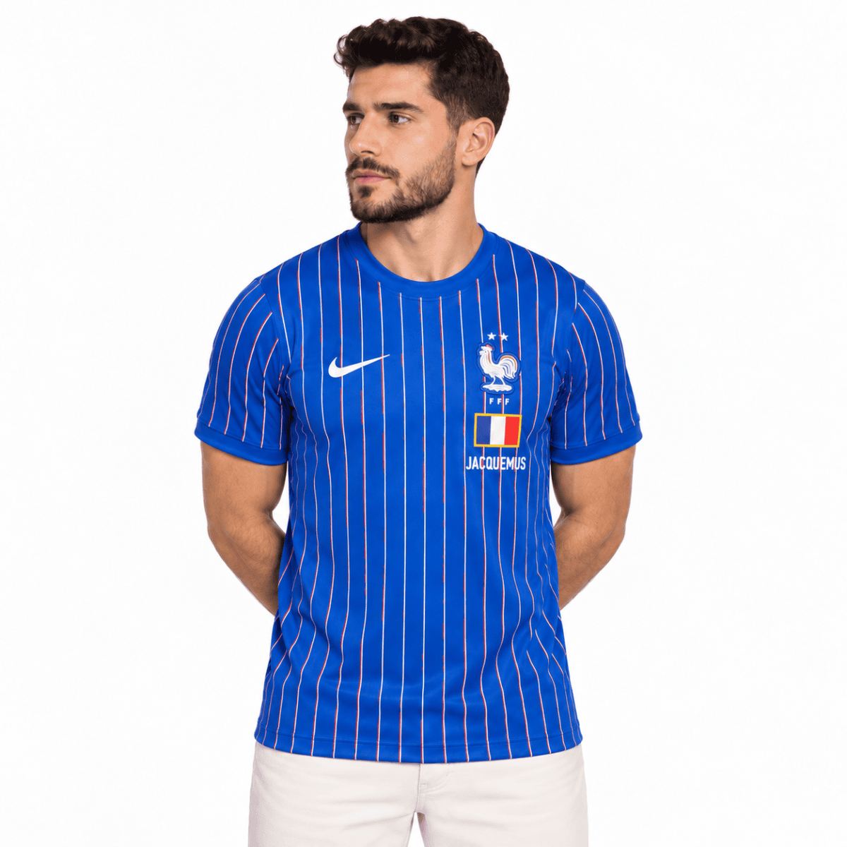 France national team away jersey with blue and white vertical stripes, 2026 World Cup.
