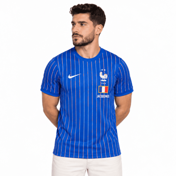 ChatGPT Image Oct 12 2026 06_19_32 PM-1 - UAE SPORT STORE France national team away jersey with blue and white vertical stripes, 2026 World Cup.