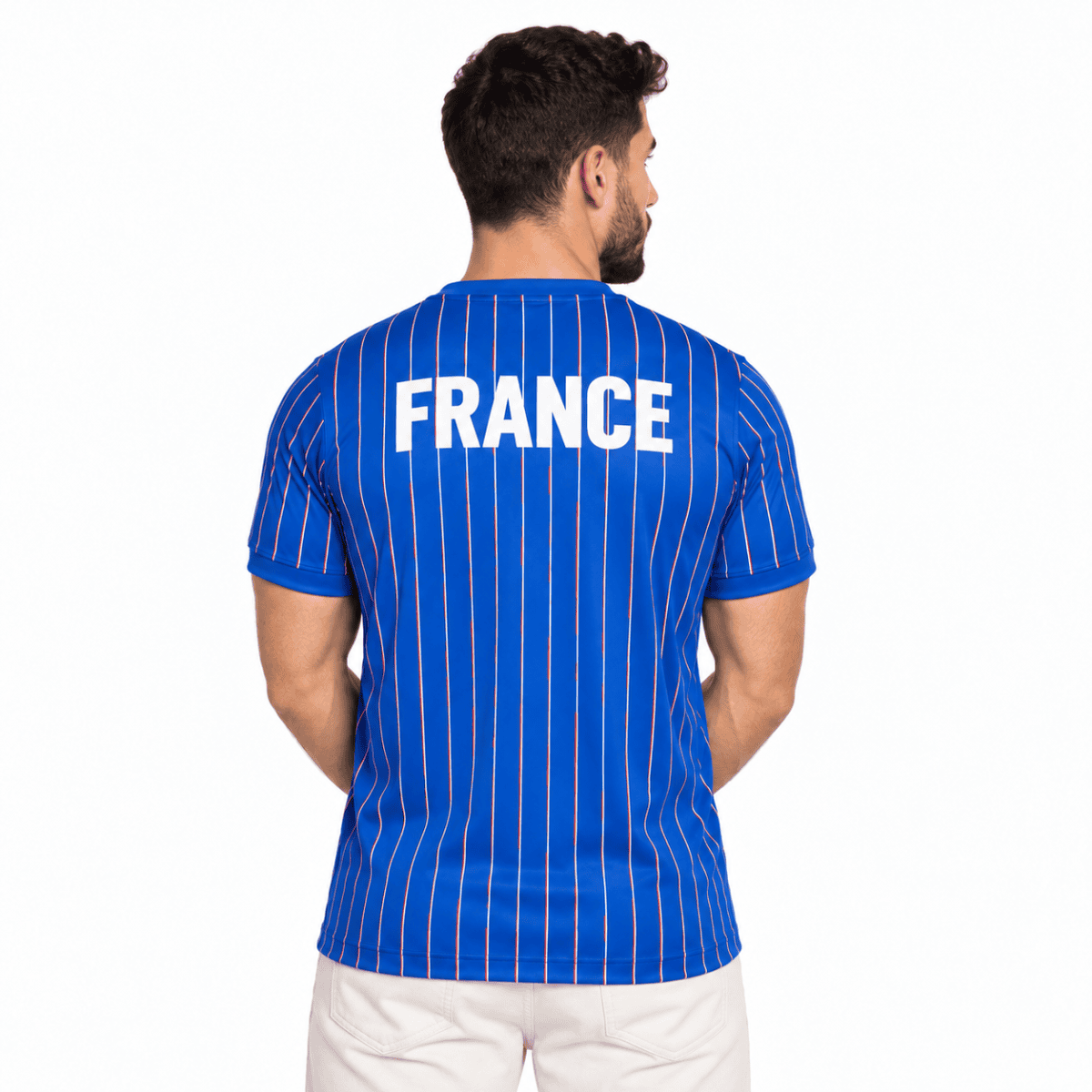 France national team jersey with blue and white vertical stripes, 'FRANCE' on back.